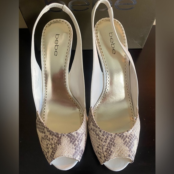 Bebe Zahara Snake-white size 10 peep toe, sling back heel. 4.5”heel 1”platform. - Picture 6 of 12